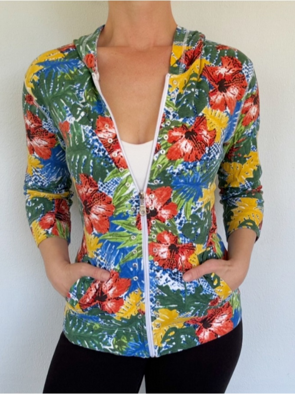 Palm Harbour Petite colorful tropical floral print full zip hoodie size medium